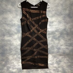 Tadashi Shoji Dress Black Bronze Foil Banded Jersey Sleeveless Sheath Medium